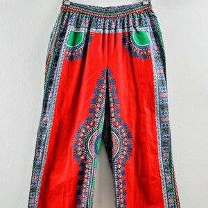 Ashro Multicolor Tribal Boho Elastic Waist Wide Leg Cotton Pants Size Medium